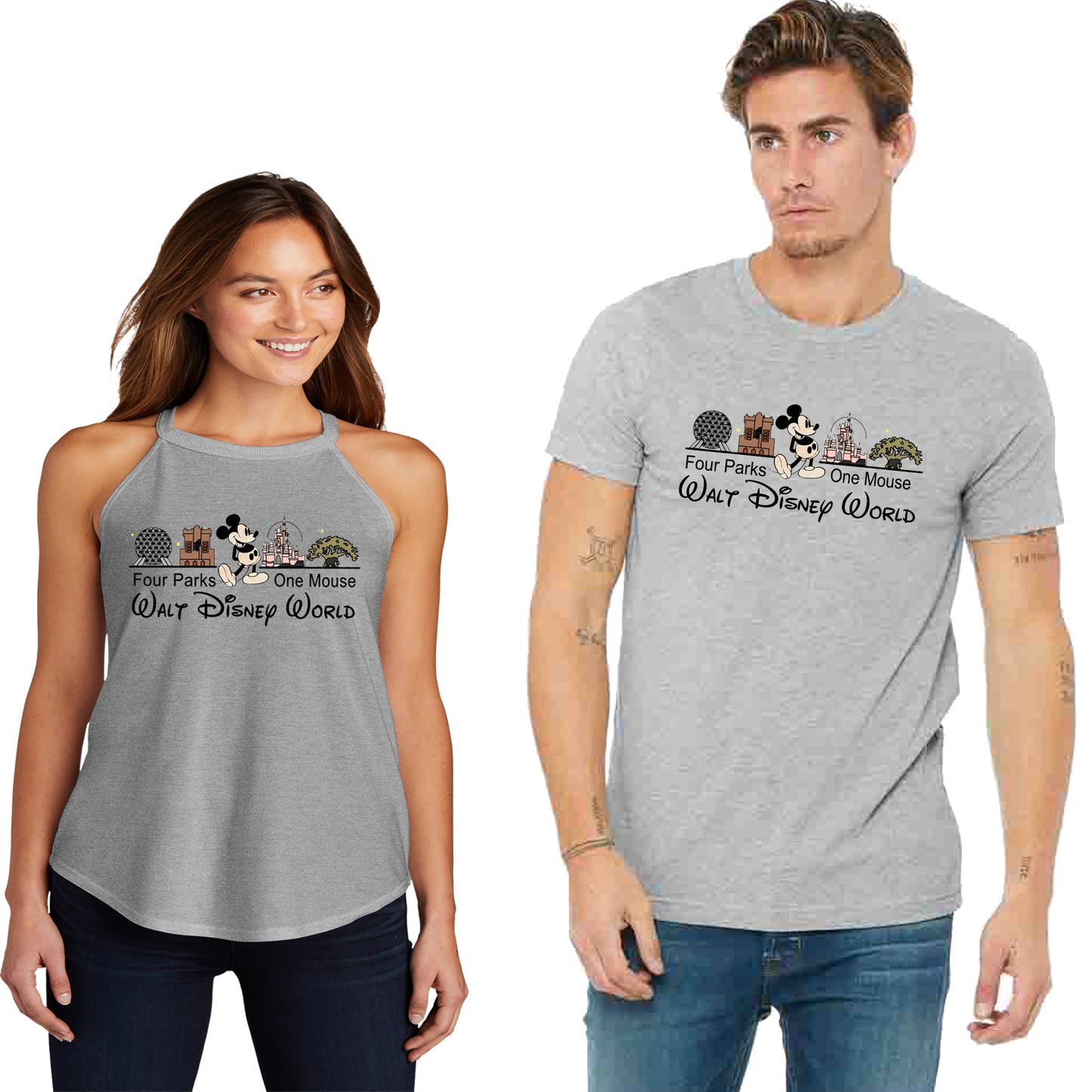 Two people wearing gray unisex short-sleeve T-shirt featuring a graphic print of iconic Disney park icons such as Cinderella Castle, Tree of Life, Spaceship Earth, and the Tower of Terror, with the text 'Four Parks One Mouse Walt Disney World' and the Disney logo.