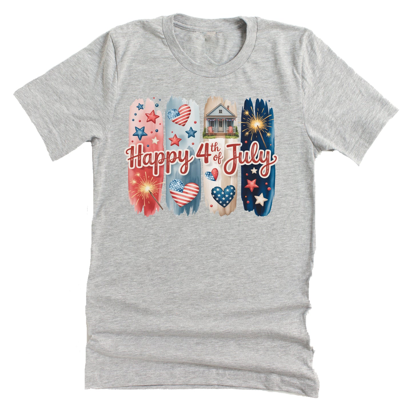 A casual grey short-sleeve unisex T-shirt with a patriotic 4th of July brushstroke design, featuring the American flag and stars.