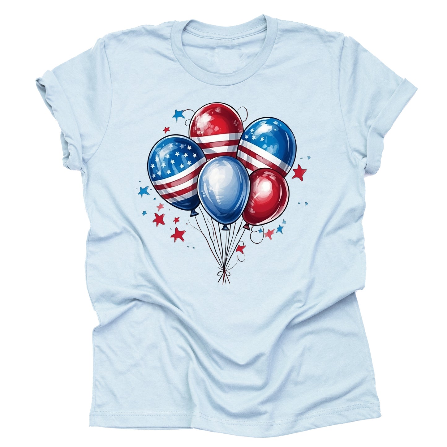 A casual short-sleeve unisex T-shirt in a light blue color, featuring a design with red, white, and blue balloons adorned with stars and stripes, reminiscent of the American flag.