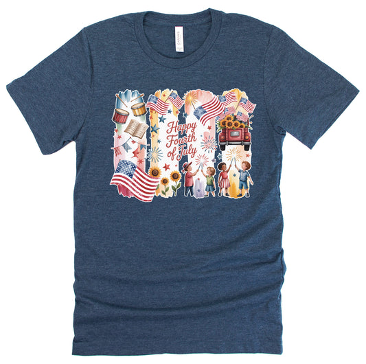 A navy short-sleeved unisex T-shirt with a brush stokes graphic design featuring the American flag and various patriotic symbols with Happy fourth of July.