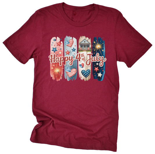 A casual Red short-sleeve unisex T-shirt with a patriotic 4th of July brushstroke design, featuring the American flag and stars.