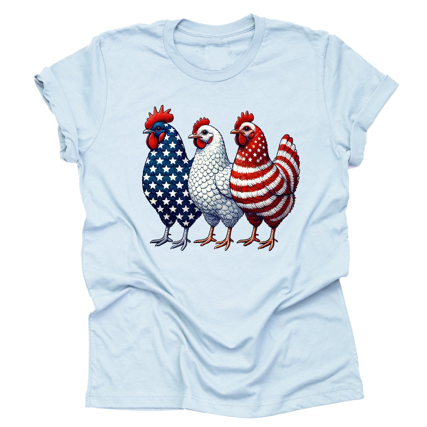 A light blue unisex T-shirt featuring a graphic of three chickens dressed in red, white, and blue patriotic attire.