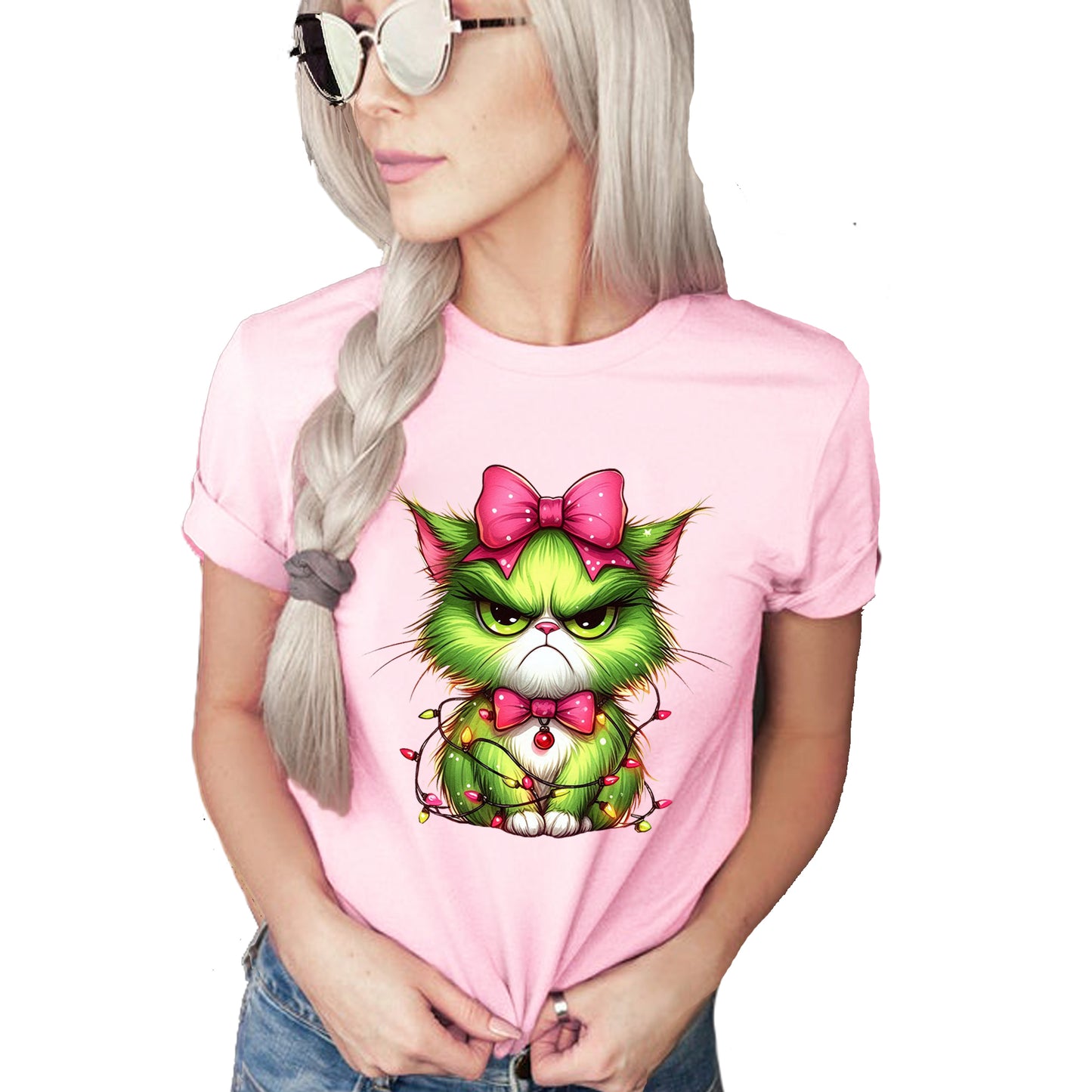 Angry Christmas cat printed graphic tee with lights and pink bow holiday design