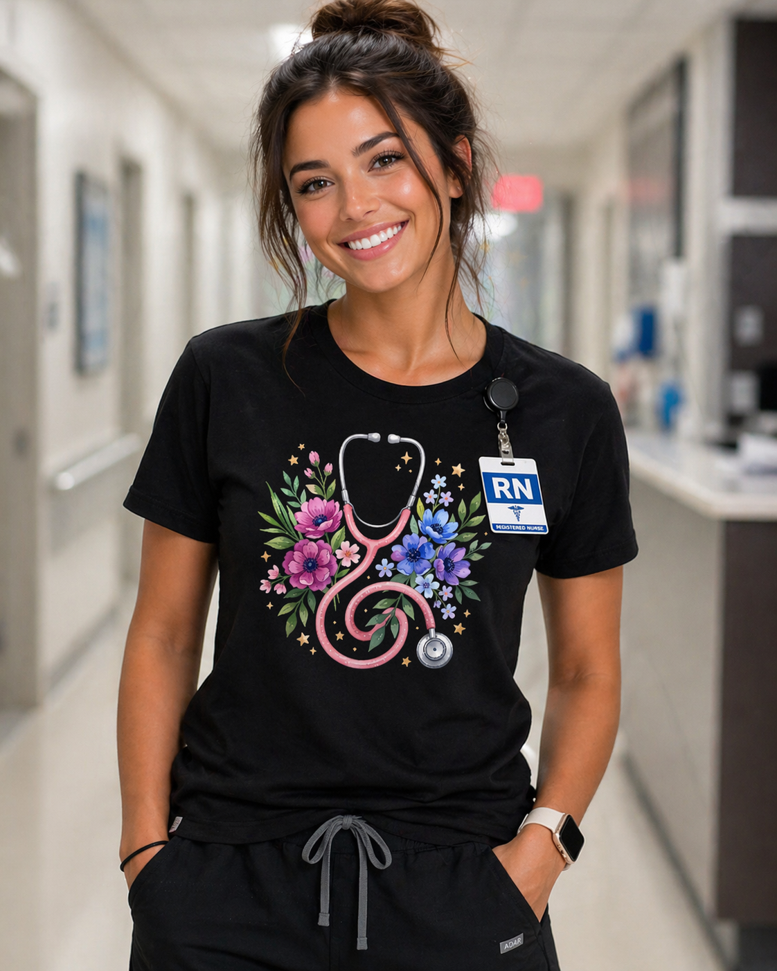 Black floral nurse shirt with stethoscope design for RN nurses and healthcare workers