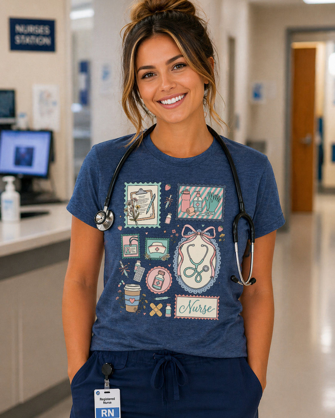 Blue nurse shirt with vintage collage design for RN nurses and healthcare workers
