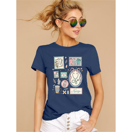 sexy nurse graphic t-shirt navy blue stethoscope medical design