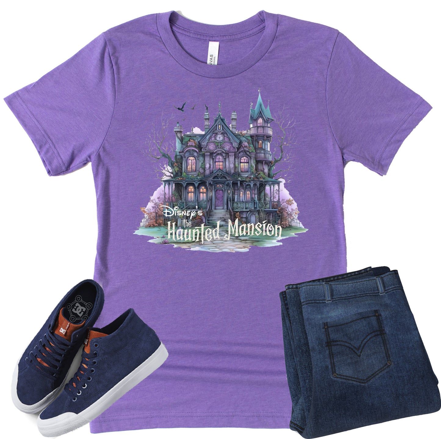 Disney Haunted Mansion purple theme park graphic tee with spooky mansion design