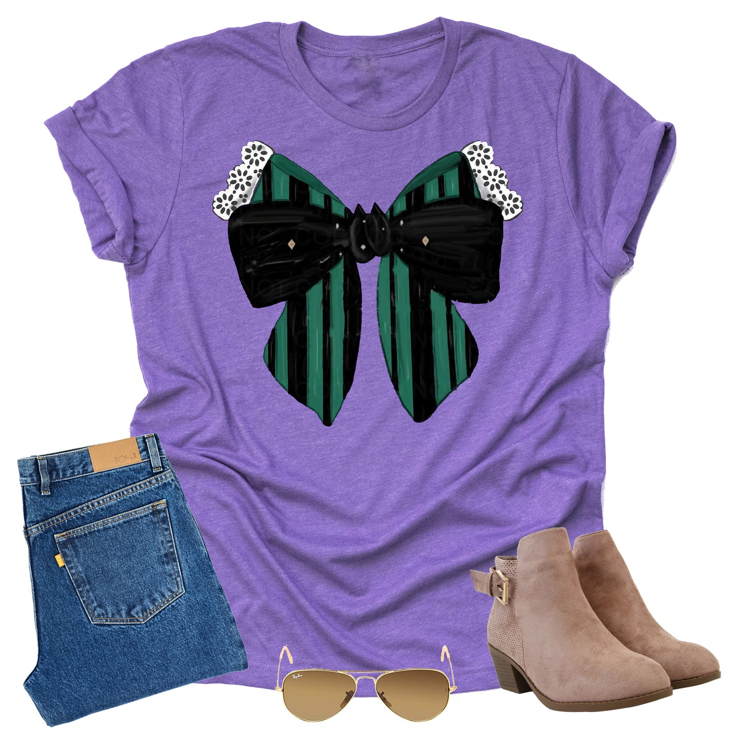 Haunted bow purple spooky graphic tee with gothic striped bow design