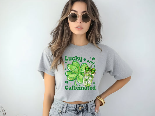 Lucky caffeinated St Patrick Day graphic tee for coffee lovers