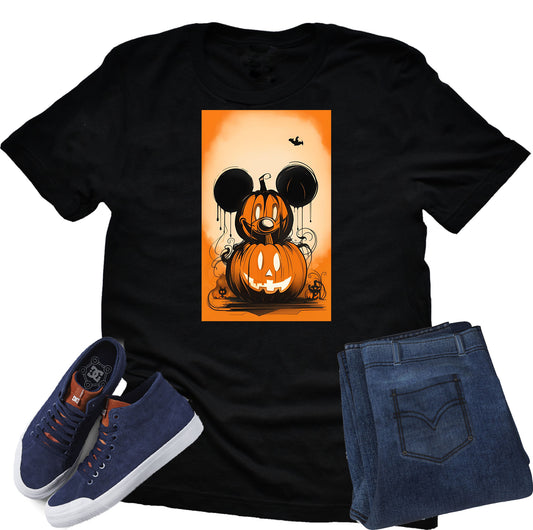 An adult unisex black t-shirt with a graphic print of Mickey Mouse and a pumpkin design, intended for Halloween themed events. blue sneakers, and jeans on a white background