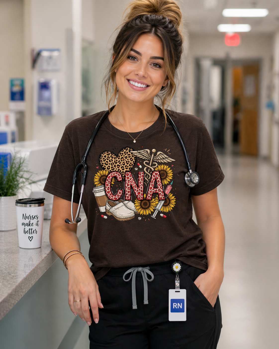 Brown CNA nurse shirt with leopard heart and sunflower design for RN nurses and healthcare workers night shift