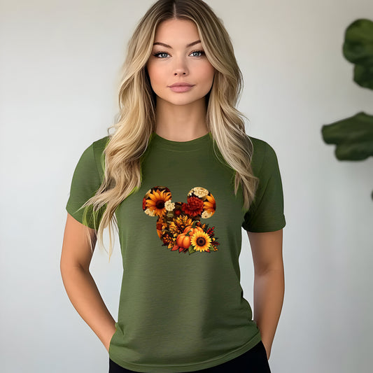 Mickey sunflower autumn pumpkin Thanksgiving printed graphic shirt with festive fall design