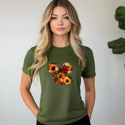 Mickey sunflower autumn pumpkin Thanksgiving printed graphic shirt with festive fall design