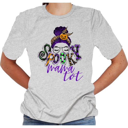 Spooky MamaTot Halloween Shirt with Messy Bun Design