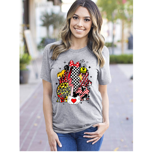 A women wearing short-sleeved gray unisex t-shirt featuring retro-style Disney-inspired graphics with a bold, colorful design including a representation of Mickey Mouse and other Disney characters in vintage colors.