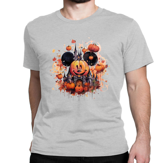 man wearing Gray shirt with scary Halloween themed micky and pumpkins