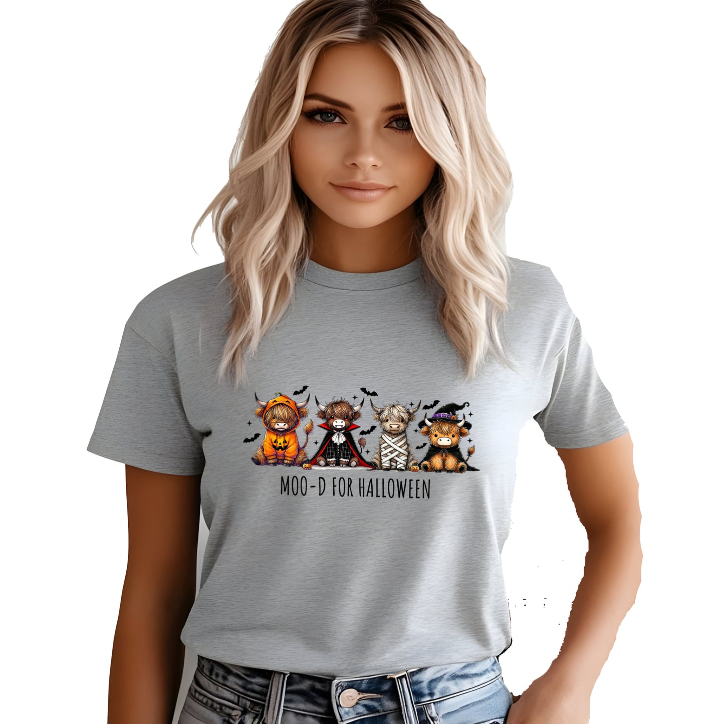 Spooky Moo highland cow Halloween printed graphic shirt tee with funny costume design