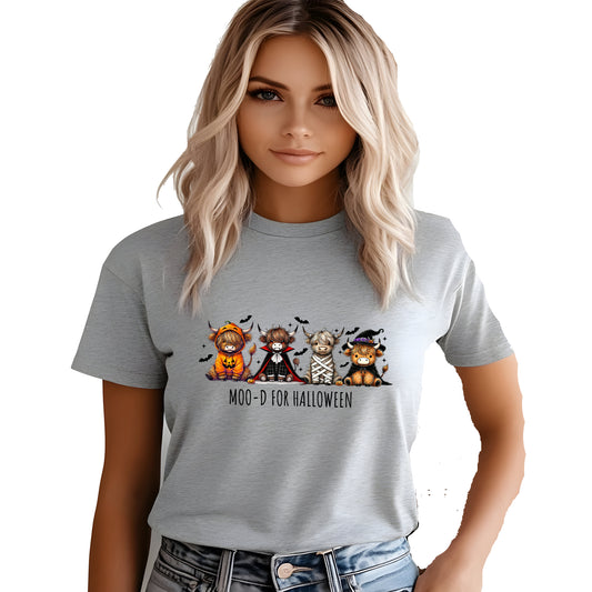 Spooky Moo highland cow Halloween printed graphic shirt tee with funny costume design