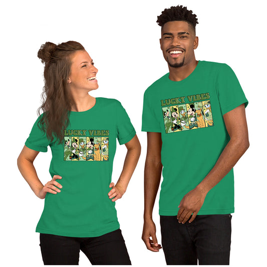 Two people wearing a Green t-shirt with Disney cartoon characters and 'Lucky Vibes' text, Goofy, Minnie mouse, Donald duck, Mickey mouse, pluto, Daisy duck