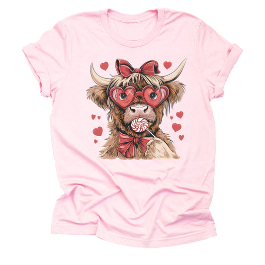 Valentine Highland Cow Lollipop Graphic Short Sleeve Shirt