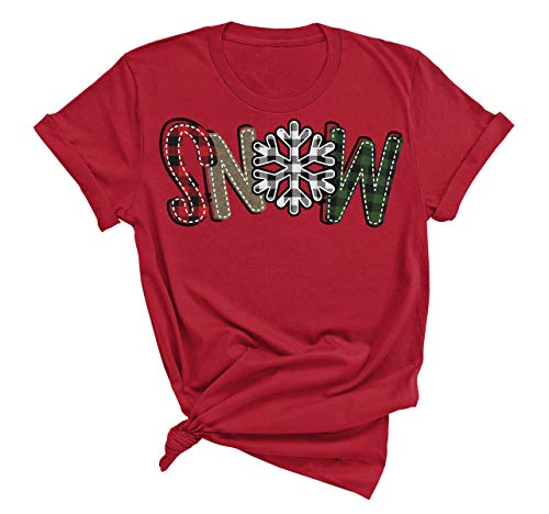 Buffalo Plaid Graphic Tee with Snow Print for Women