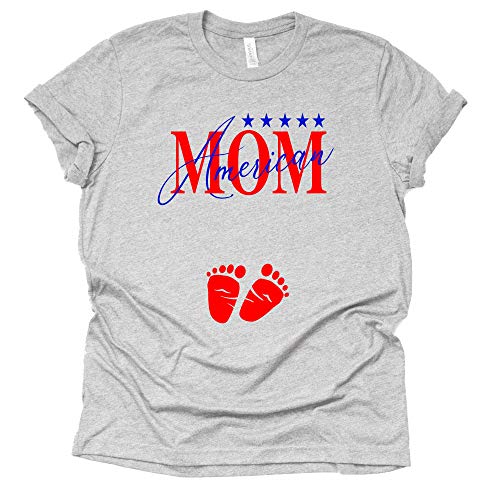Grey casual short sleeve t-shirt with American Mom in red and blue graphics, Blue stars and red baby feet