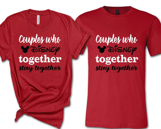 Red couple shirts with 'Couples who Disney together stay together' text and Mickey icon.