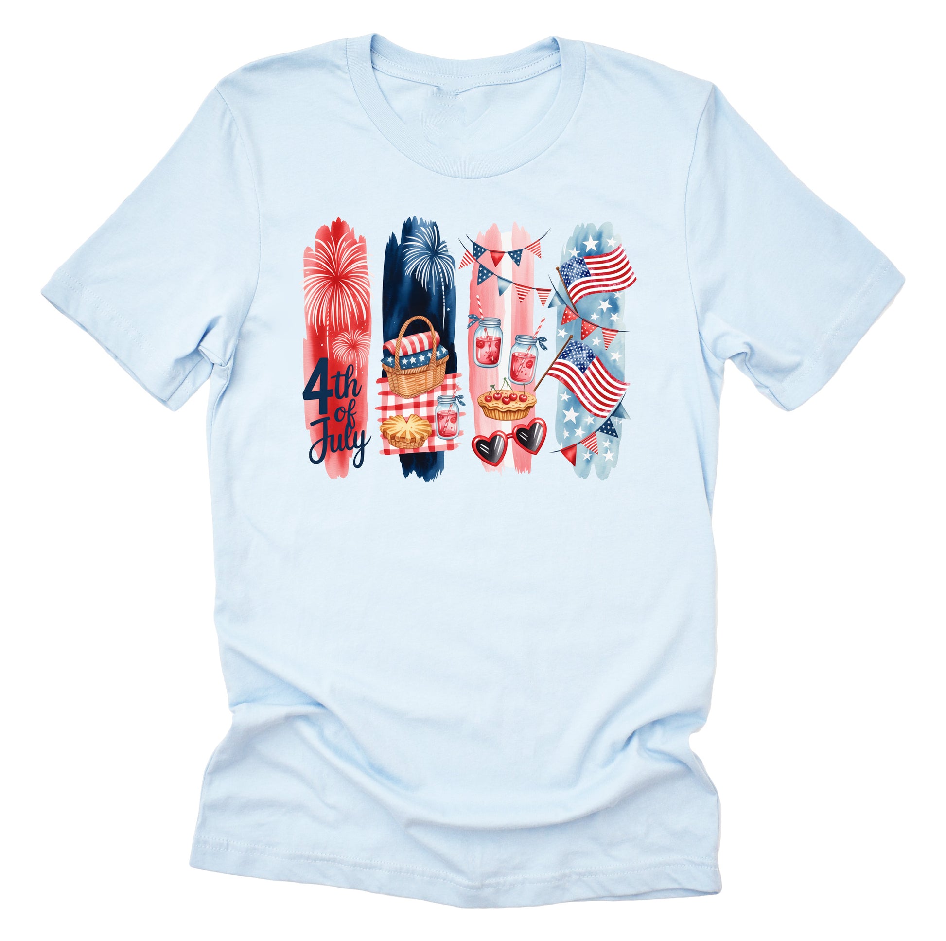 Unisex short-sleeve T-shirt with a graphic that has a patriotic theme featuring red, white, and blue colors and the text '4th July'.
