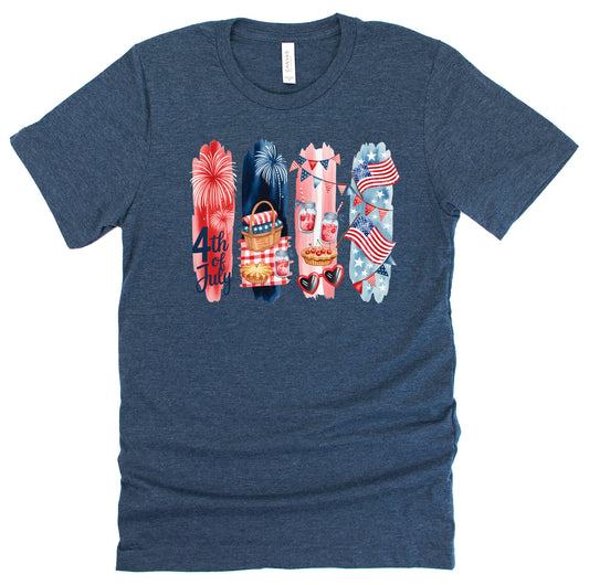 Unisex short-sleeve T-shirt with a graphic that has a patriotic theme featuring red, white, and blue colors and the text '4th July'.
