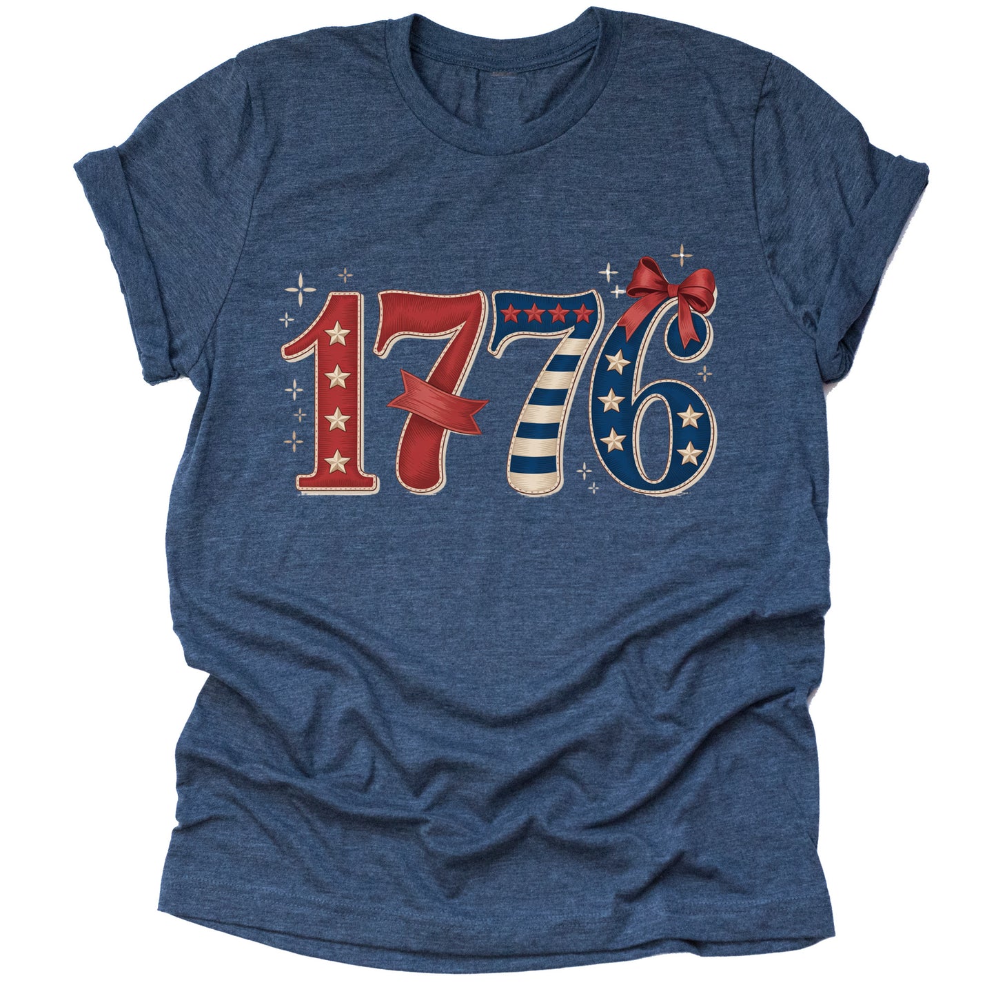 A navy unisex short-sleeve T-shirt with a patriotic 1776 print and a bow design.