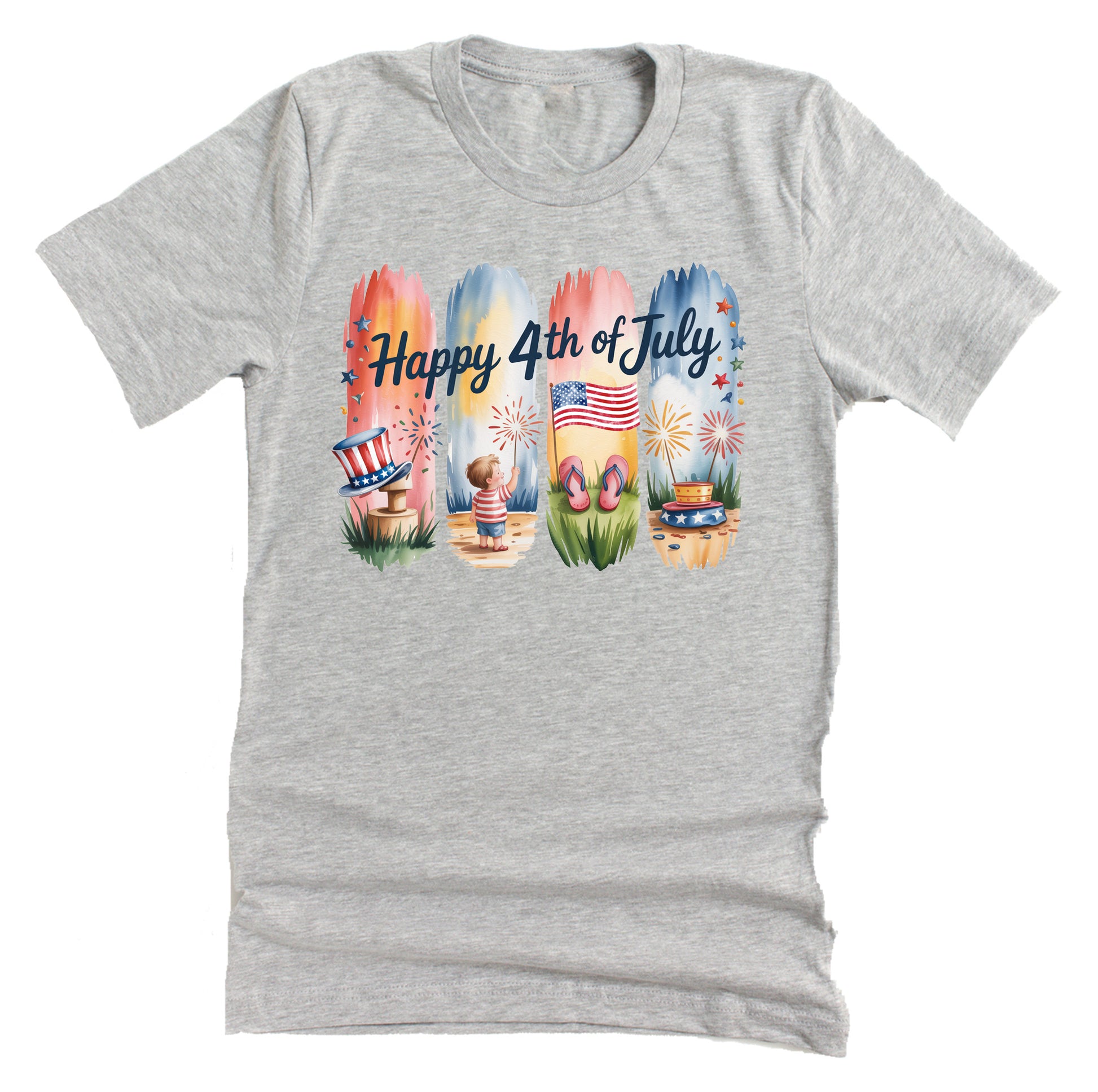 A casual  gray short-sleeve unisex T-shirt with a graphic that says 'Happy 4th of July' featuring artistic brushstrokes in red, white, and blue colors.