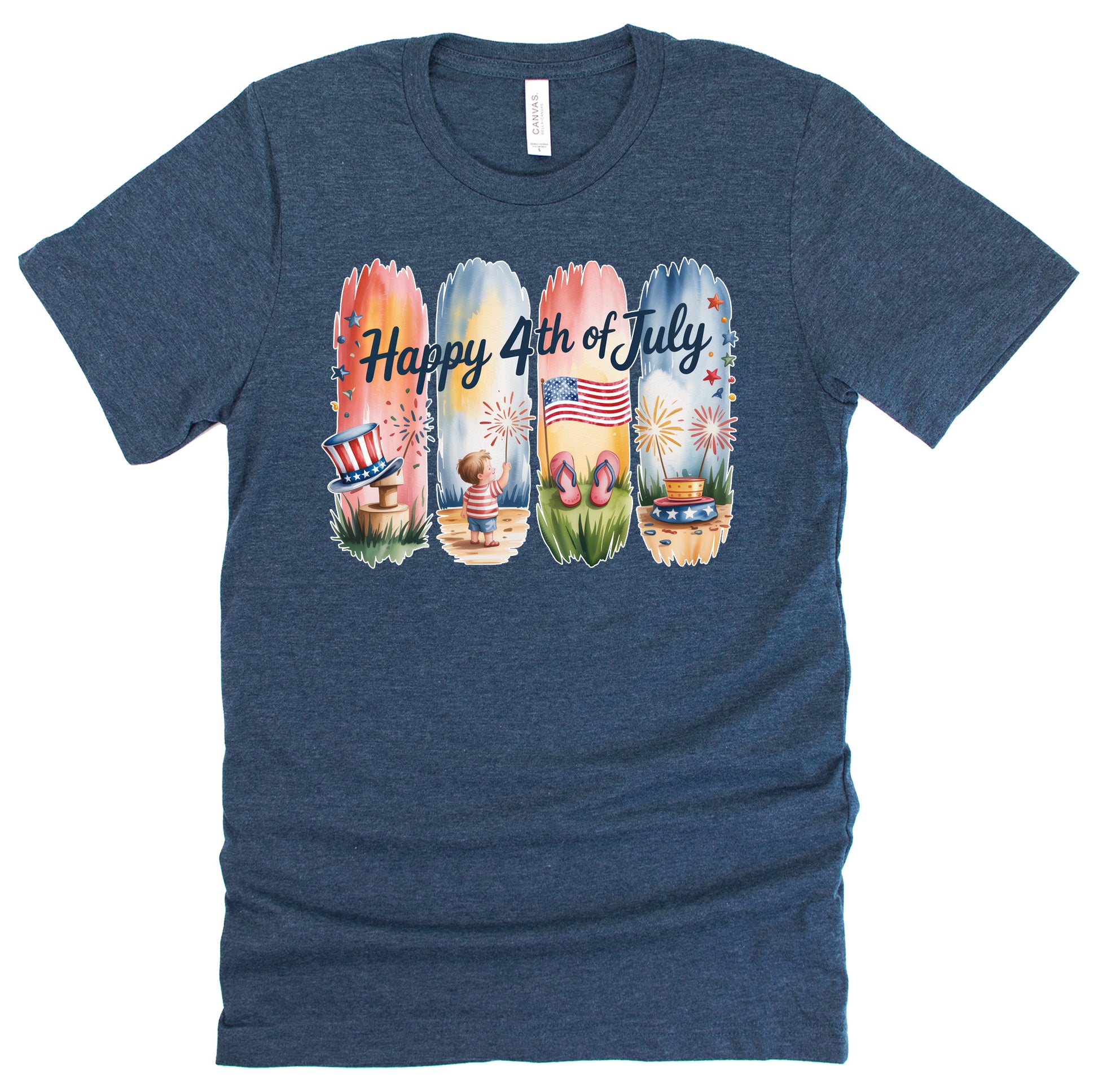 A casual navy short-sleeve unisex T-shirt with a graphic that says 'Happy 4th of July' featuring artistic brushstrokes in red, white, and blue colors.