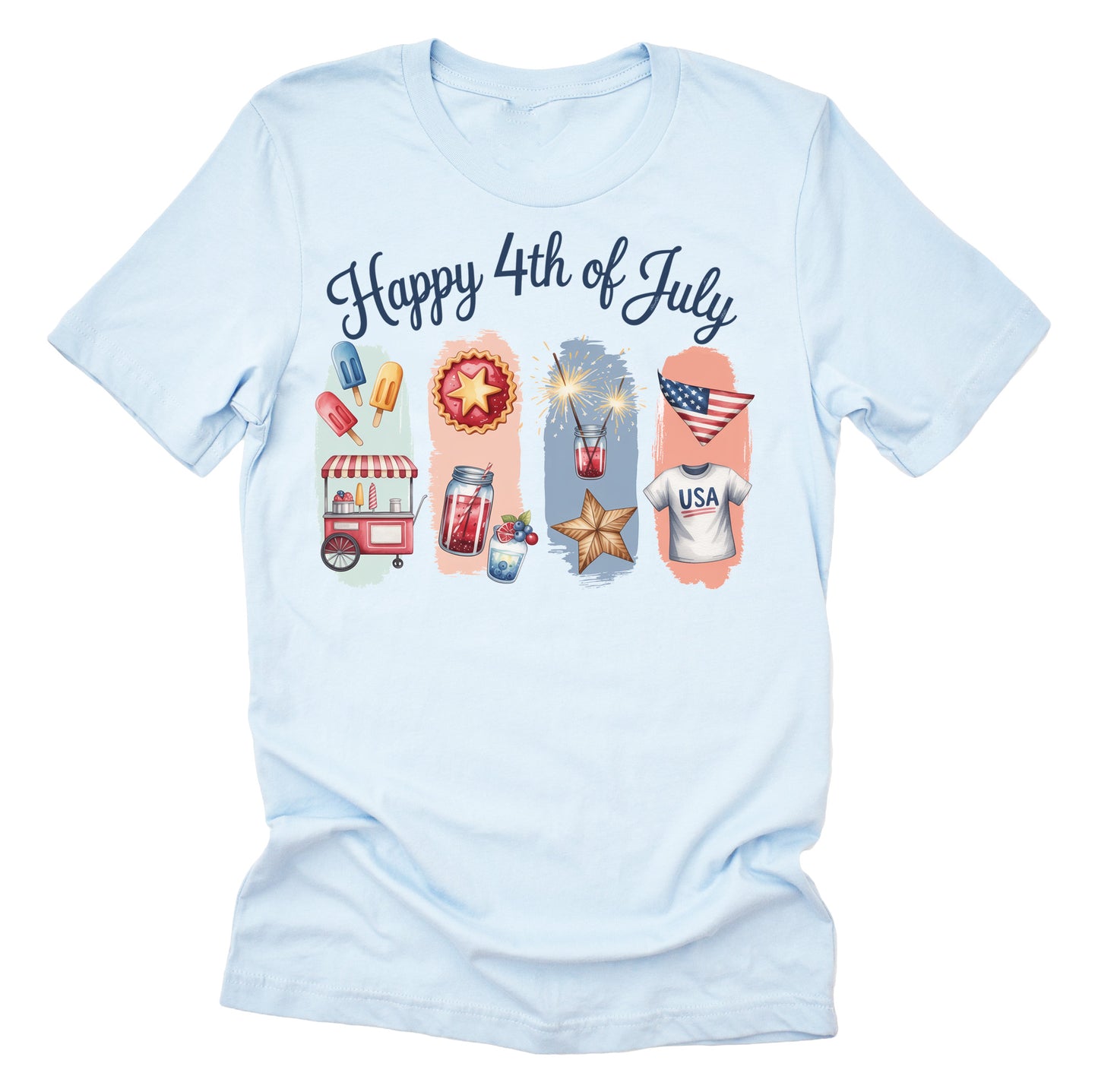 A casual short-sleeve unisex T-shirt with a graphic of the Liberty Bell, a burger, a star, and other items associated with the 4th of July on a Light blue shirt, with the text 'Happy 4th of July' at the top.