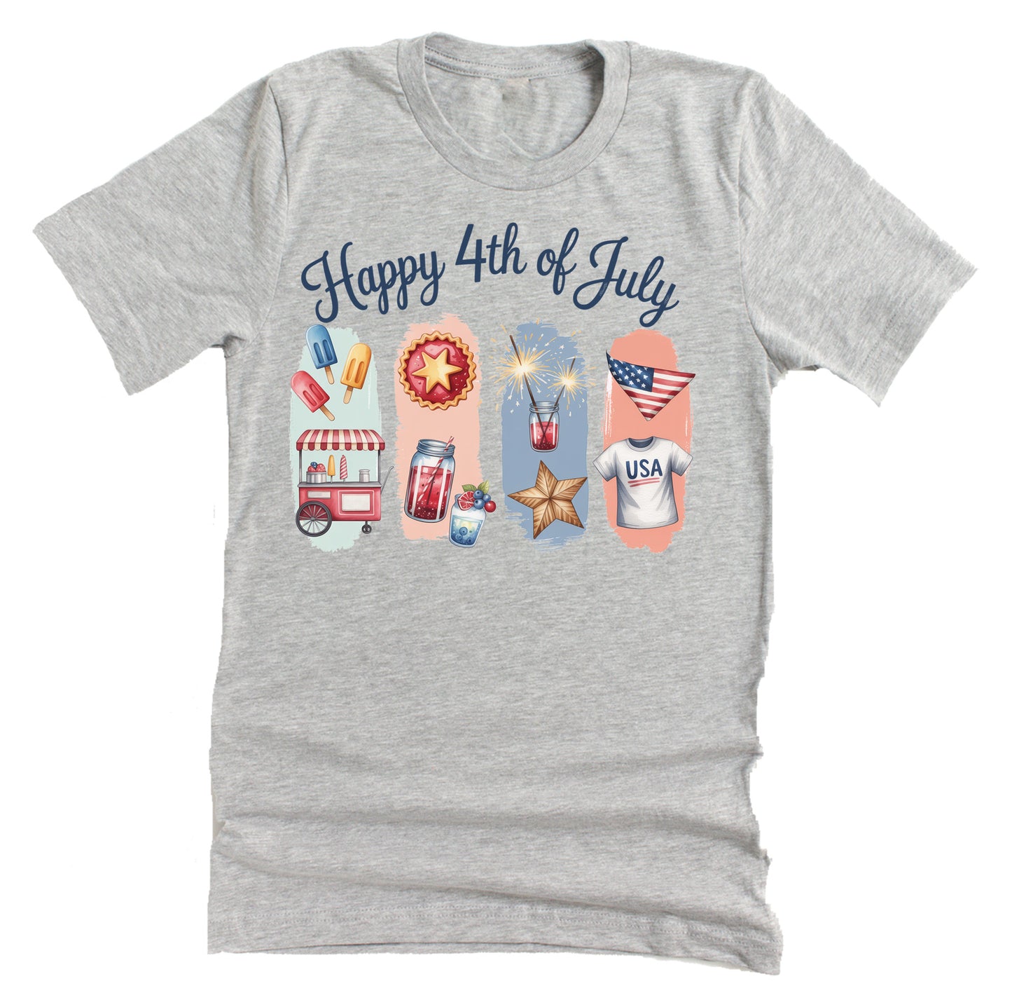 A casual short-sleeve unisex T-shirt with a graphic of the Liberty Bell, a burger, a star, and other items associated with the 4th of July on a gray shirt, with the text 'Happy 4th of July' at the top.
