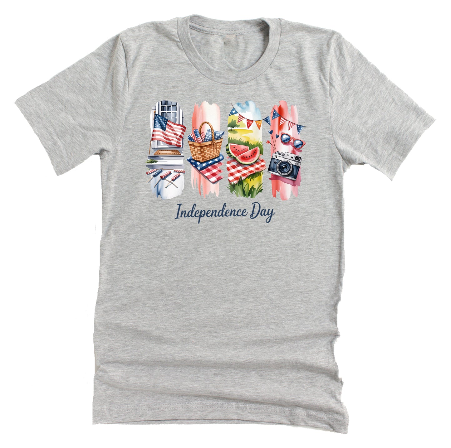 Gray t-shirt with 'Independence Day' graphic featuring picnic elements