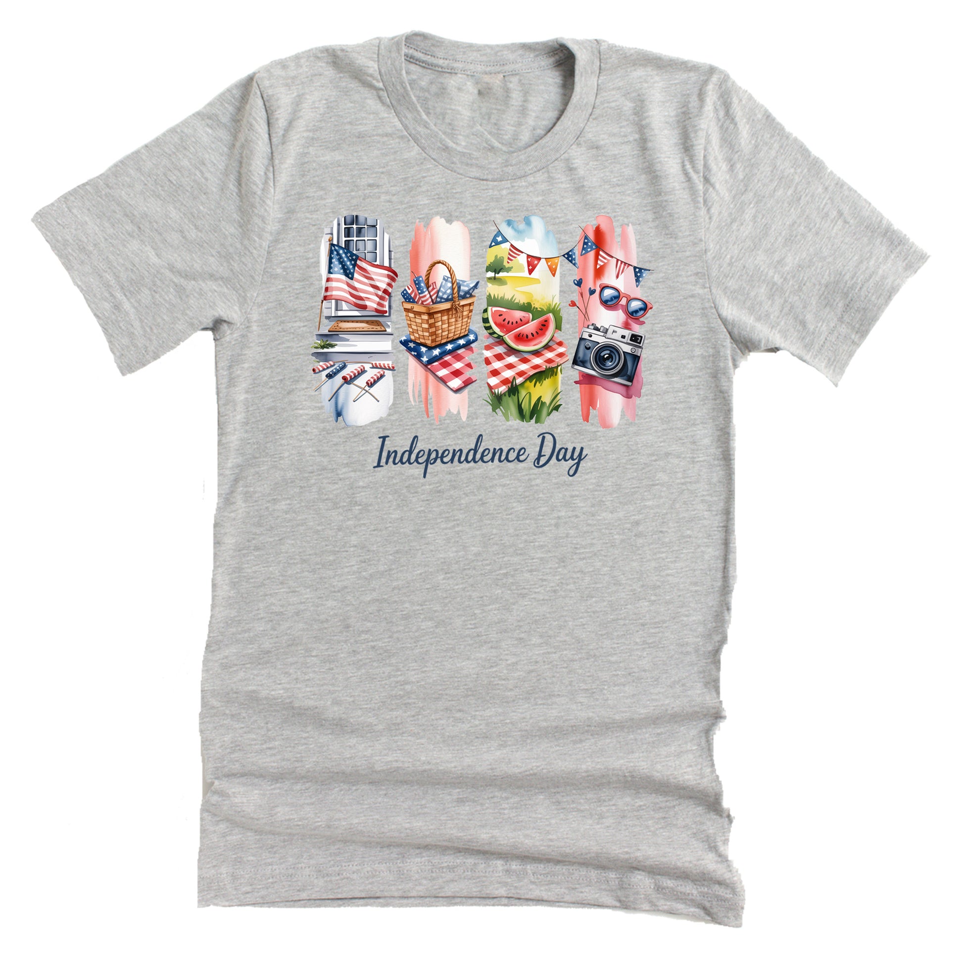 Gray t-shirt with 'Independence Day' graphic featuring picnic elements
