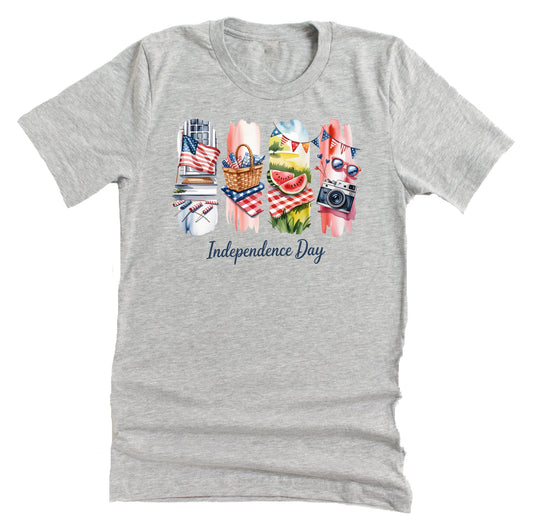 Gray t-shirt with 'Independence Day' graphic featuring picnic elements