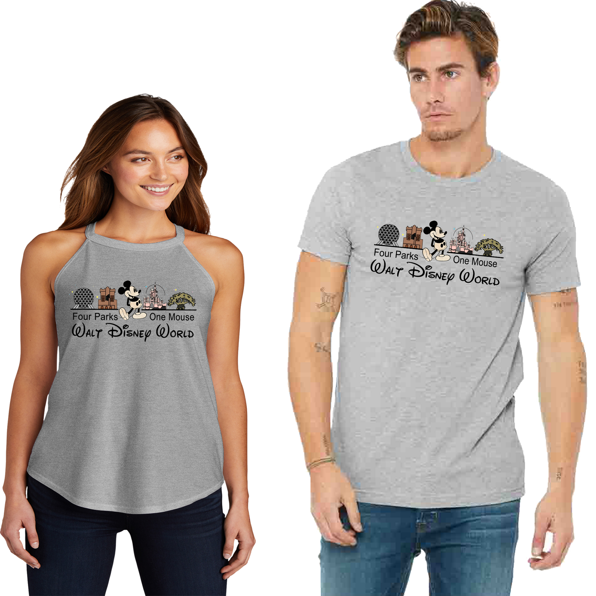 Two people wearing gray unisex short-sleeve T-shirt featuring a graphic print of iconic Disney park icons such as Cinderella Castle, Tree of Life, Spaceship Earth, and the Tower of Terror, with the text 'Four Parks One Mouse Walt Disney World' and the Disney logo.
