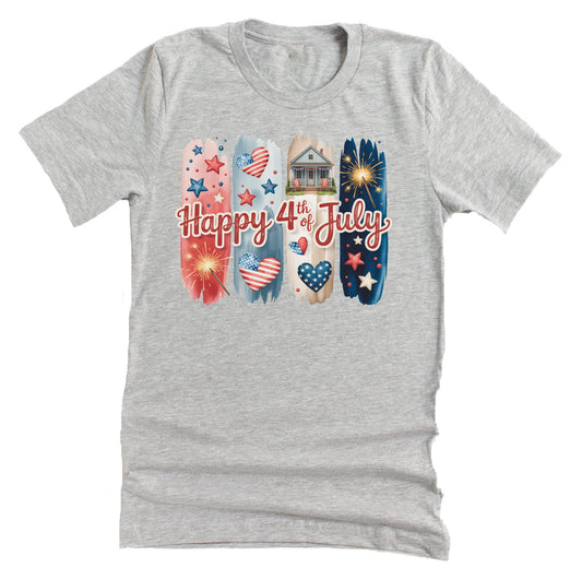 A casual grey short-sleeve unisex T-shirt with a patriotic 4th of July brushstroke design, featuring the American flag and stars.