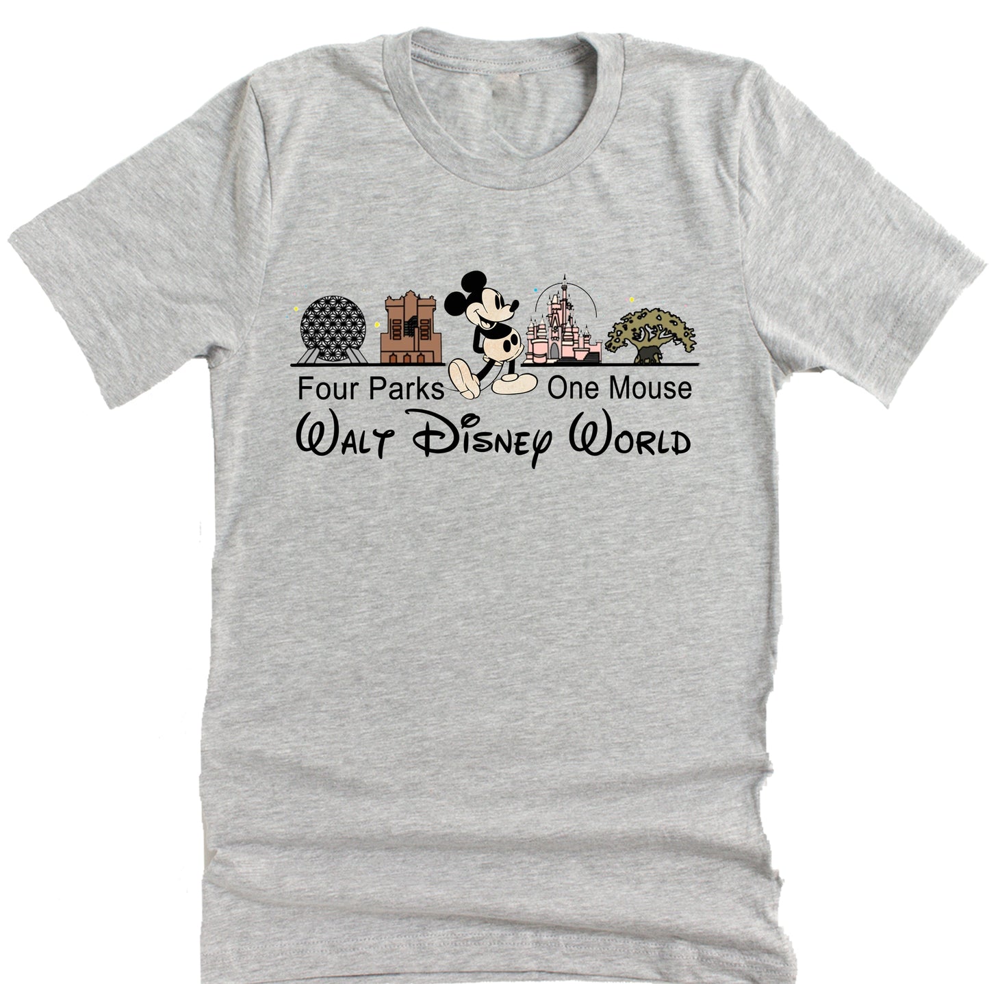 A gray unisex short-sleeve T-shirt featuring a graphic print of iconic Disney park icons such as Cinderella Castle, Tree of Life, Spaceship Earth, and the Tower of Terror, with the text 'Four Parks One Mouse Walt Disney World' and the Disney logo.