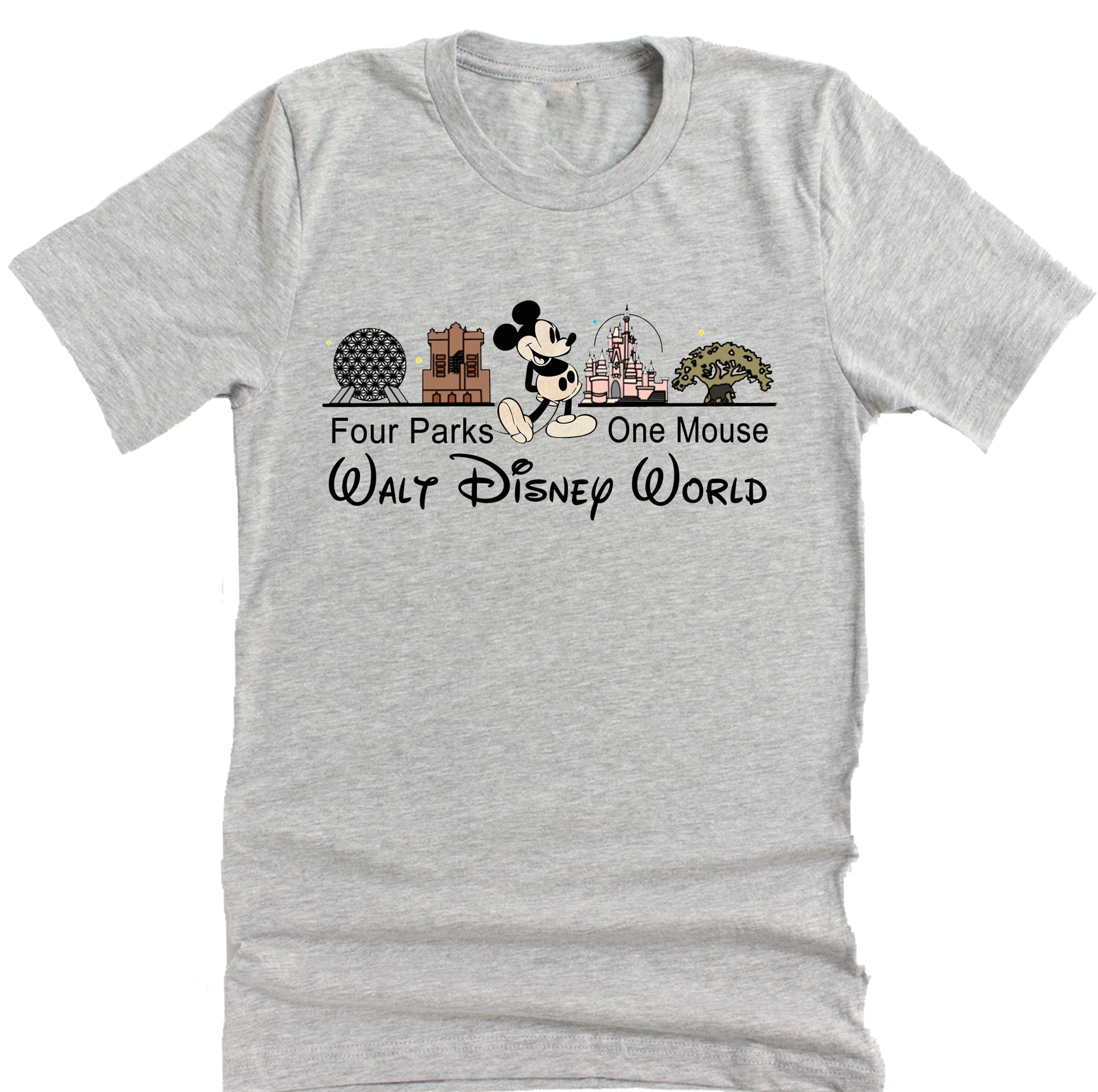 A gray unisex short-sleeve T-shirt featuring a graphic print of iconic Disney park icons such as Cinderella Castle, Tree of Life, Spaceship Earth, and the Tower of Terror, with the text 'Four Parks One Mouse Walt Disney World' and the Disney logo.