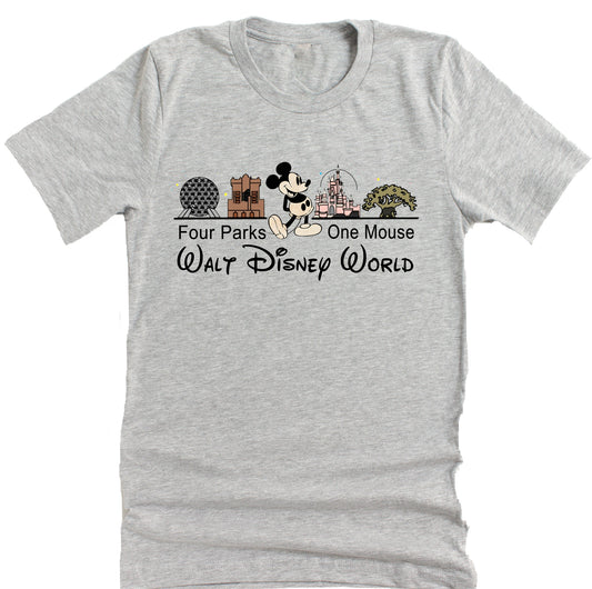 A gray unisex short-sleeve T-shirt featuring a graphic print of iconic Disney park icons such as Cinderella Castle, Tree of Life, Spaceship Earth, and the Tower of Terror, with the text 'Four Parks One Mouse Walt Disney World' and the Disney logo.