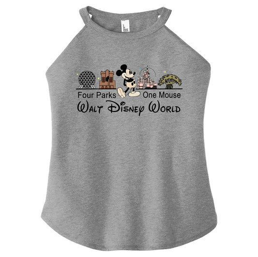 A gray tank top featuring a graphic print of iconic Disney park icons such as Cinderella Castle, Tree of Life, Spaceship Earth, and the Tower of Terror, with the text 'Four Parks One Mouse Walt Disney World' and the Disney logo.