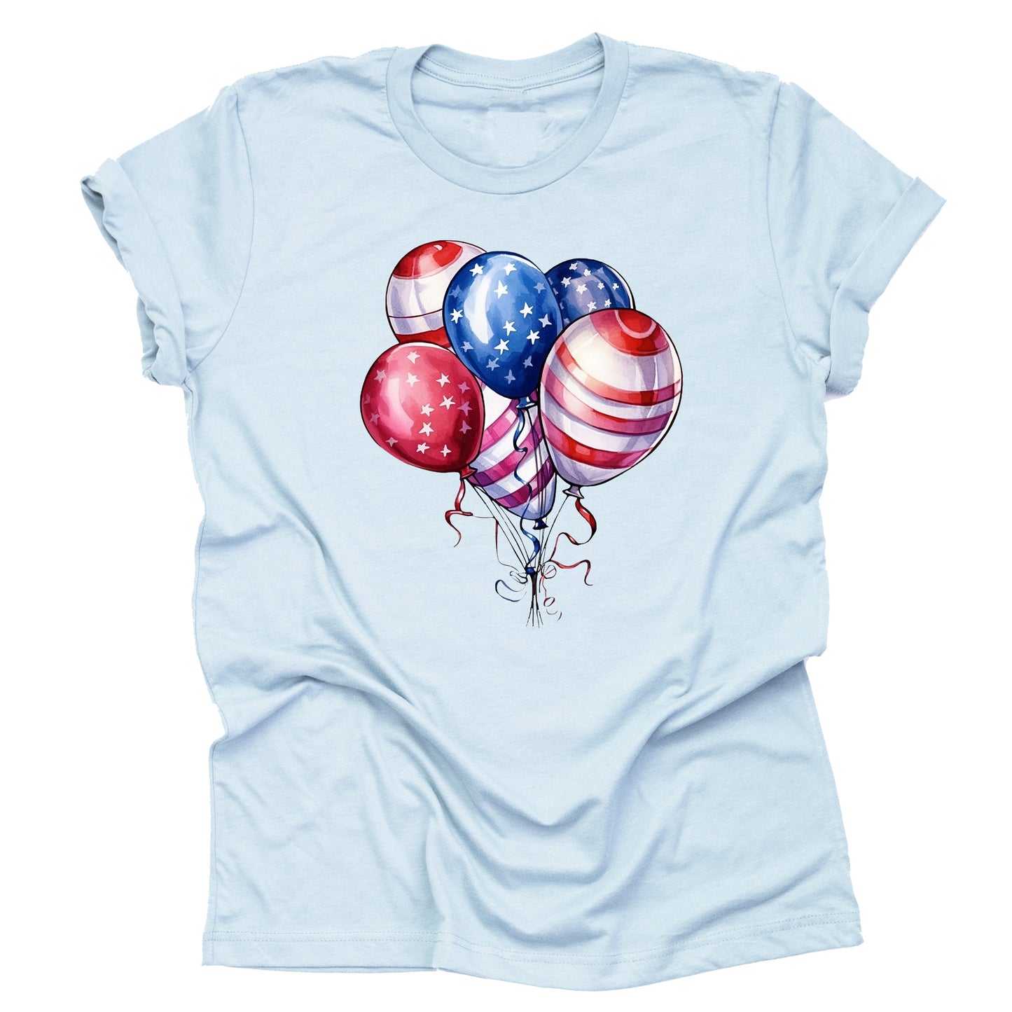 A casual short-sleeve unisex T-shirt in a light blue color, featuring a design of red, white, and blue balloons with stars and stripes, reminiscent of the American flag.