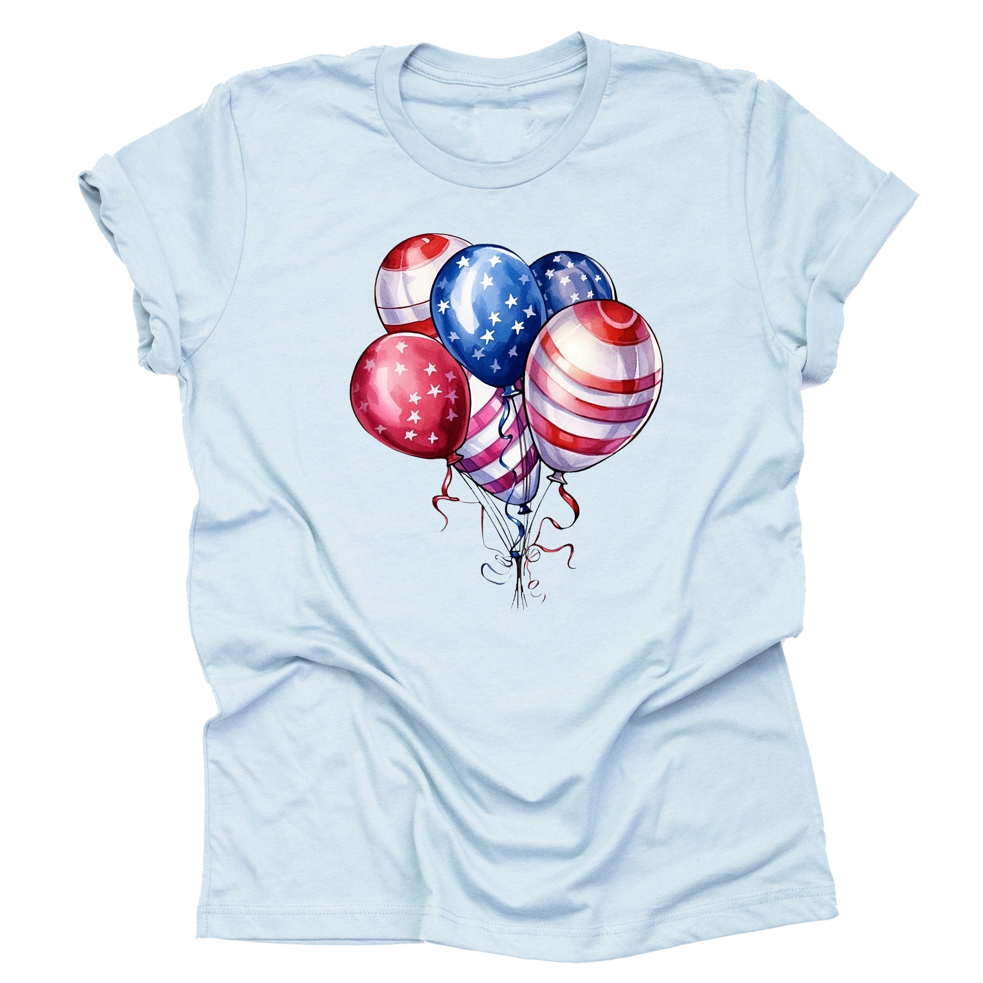 A casual short-sleeve unisex T-shirt in a light blue color, featuring a design of red, white, and blue balloons with stars and stripes, reminiscent of the American flag.