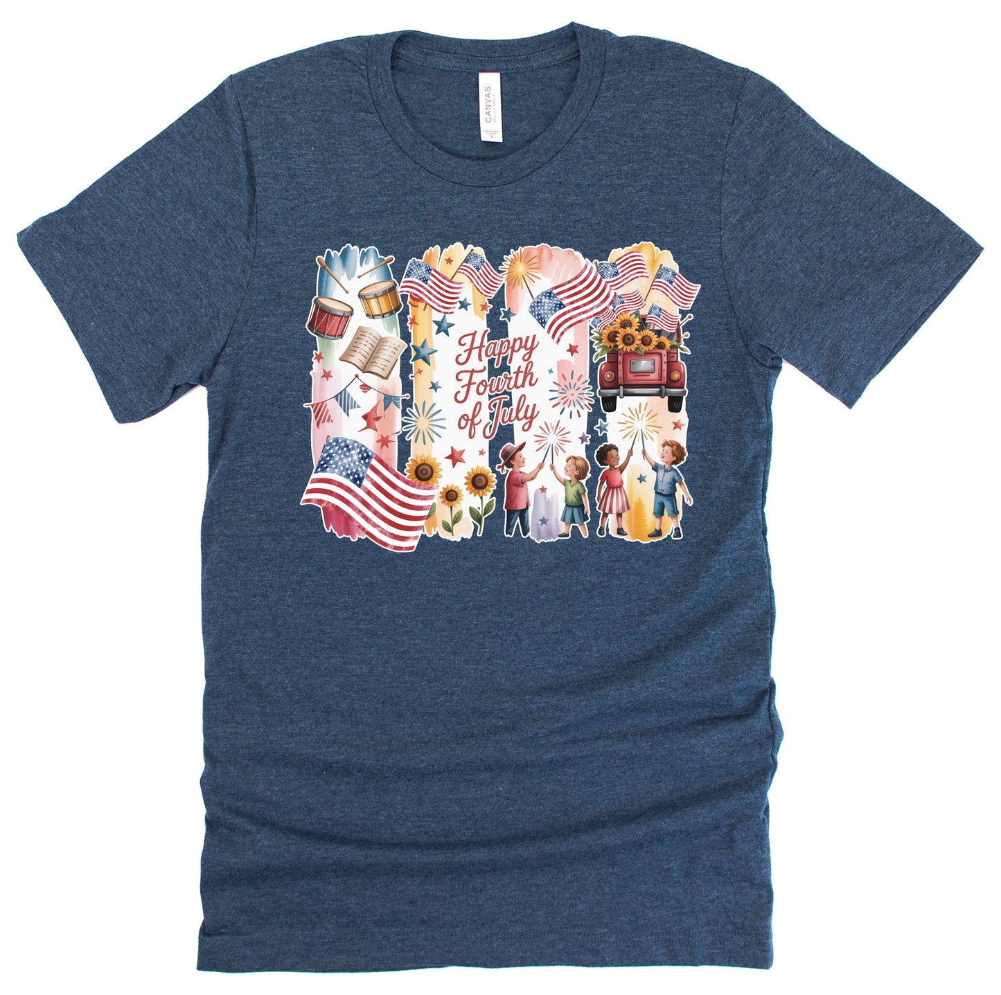 A navy short-sleeved unisex T-shirt with a brush stokes graphic design featuring the American flag and various patriotic symbols with Happy fourth of July.