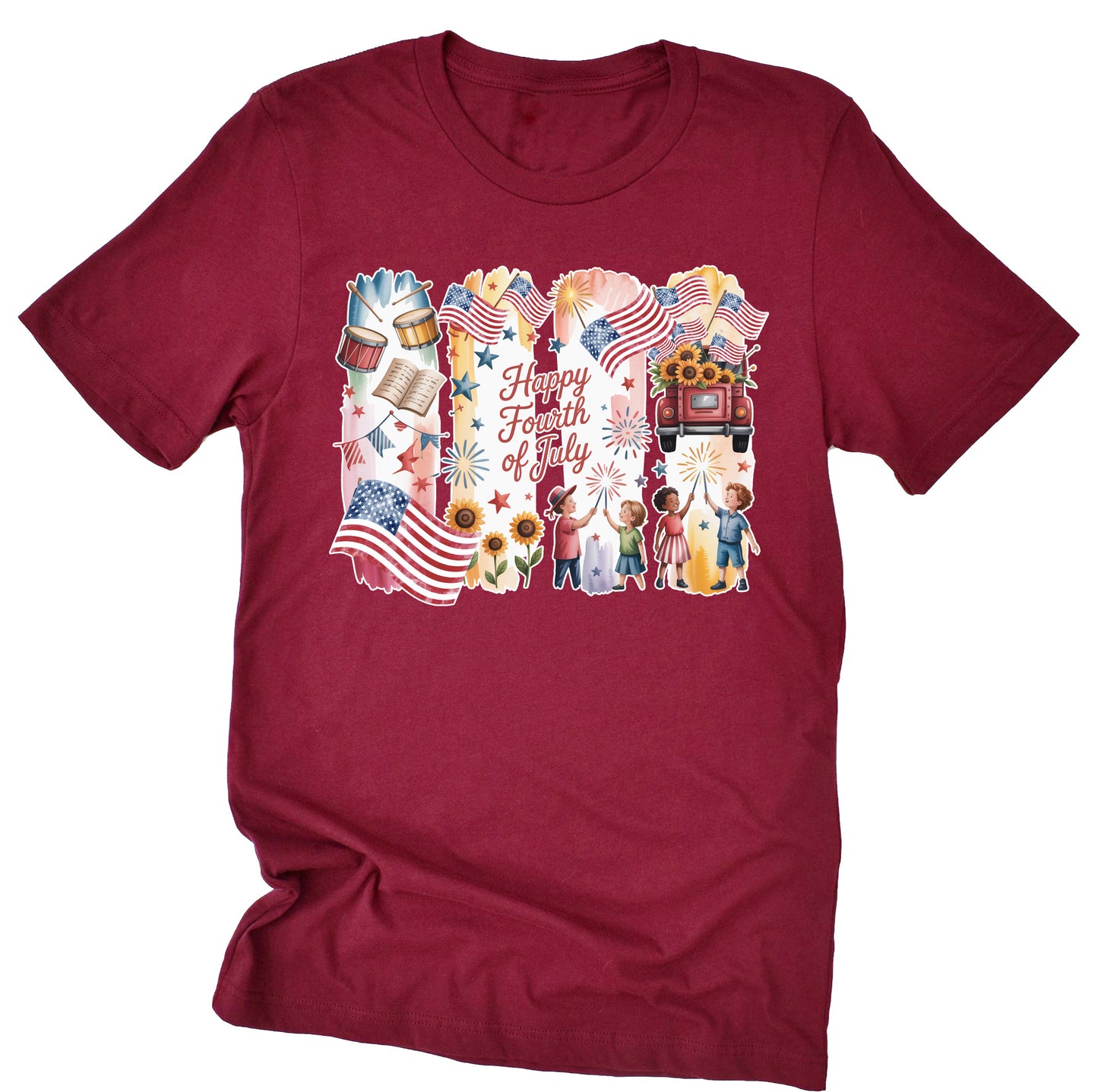 A red short-sleeved unisex T-shirt with a graphic design featuring brushstroke  of the American flag and various patriotic symbols with Happy Fourth of July,