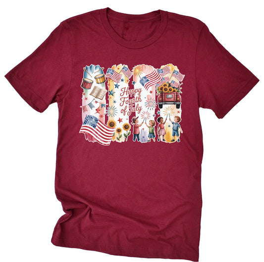 A red short-sleeved unisex T-shirt with a graphic design featuring brushstroke  of the American flag and various patriotic symbols with Happy Fourth of July,