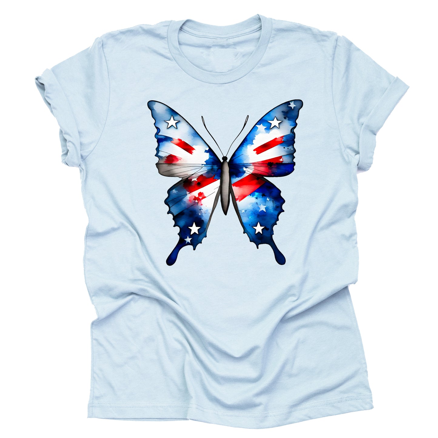A Light Blue unisex short-sleeve T-shirt with a vibrant butterfly design featuring the American flag's stars and stripes.