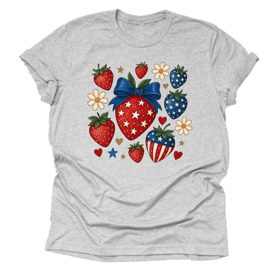 Gray t-shirt with strawberry design featuring stars and stripes 